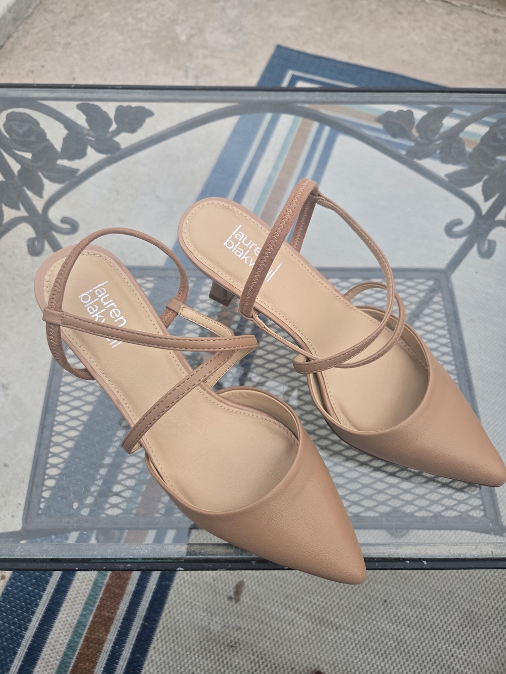 Lauren Blakey Nude Tan Pointed-Strap Kitten Heels
